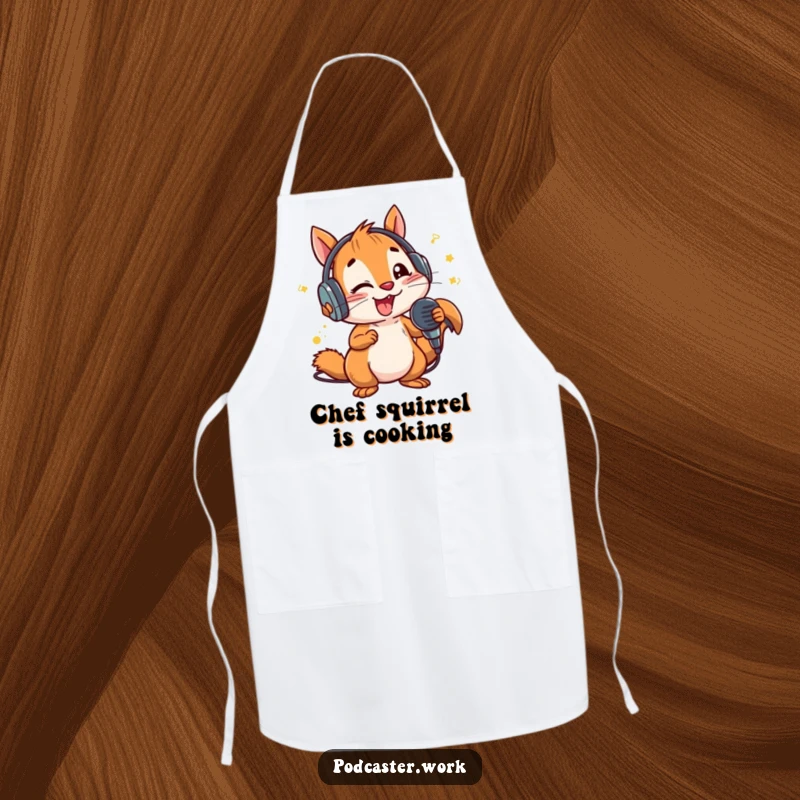 Funny Squirrel Chef Apron: An energetic squirrel with headphones holding a microphone, ready to add some rhythm to your cooking.