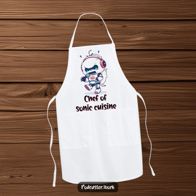 Funny apron featuring a fluffy robot animal DJ with headphones, energetically tapping its foot and speaking into a microphone, a culinary conductor.