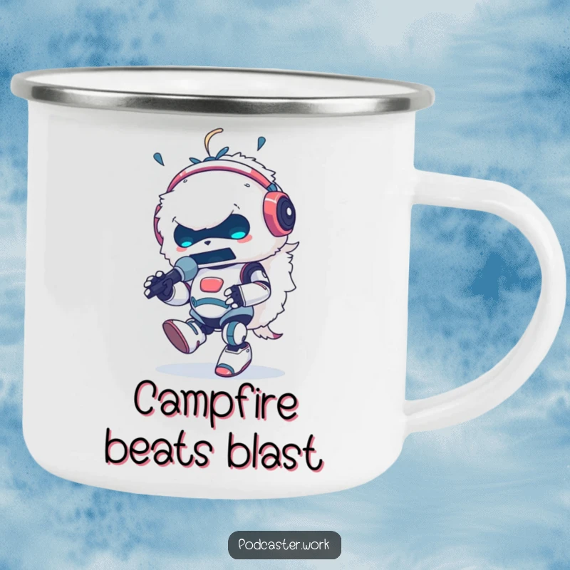 Funny camping mug of a fluffy robot animal DJ with headphones, energetically tapping its foot and speaking into a microphone, ready for the outdoors.