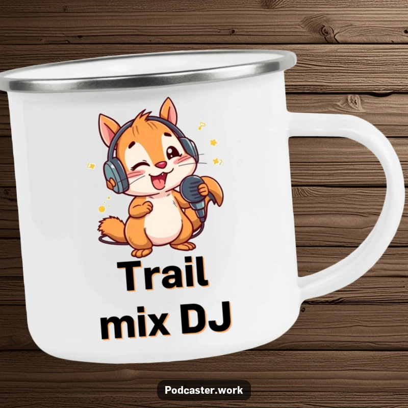 Funny Squirrel Campfire Mug: An energetic squirrel with headphones holding a microphone, perfectly suited for outdoor jams and coffee.