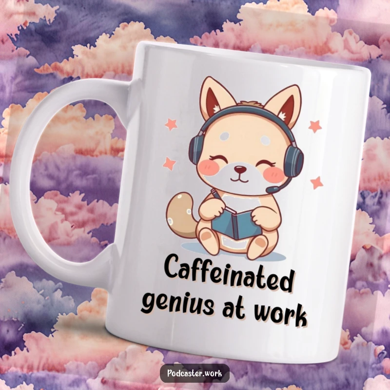 Funny mug of a cute animal wearing a headset, furiously scribbling notes on a notepad while speaking, embodying intense concentration and work ethic.