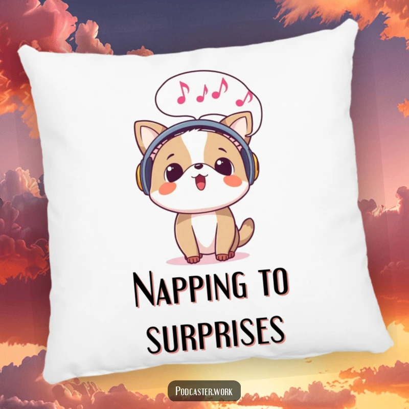Funny pillow of a surprised animal wearing headphones, with a speech bubble full of musical notes emerging, a plush sound experience.