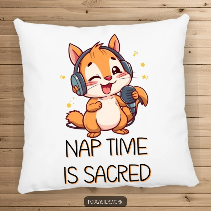 Funny Squirrel DJ Pillow: A vibrant illustration of an energetic squirrel in headphones holding a microphone, ready to spin some tunes.