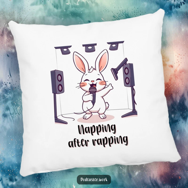Funny pillow with a hyperactive rabbit energetically bouncing with a microphone in a studio, offering cozy and humorous decor.