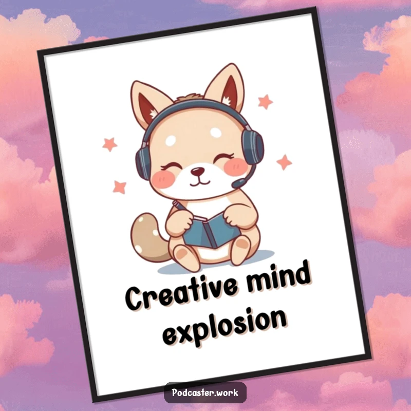 Funny digital art print of a cute animal wearing a headset, furiously scribbling notes on a notepad while speaking, a celebration of focus.