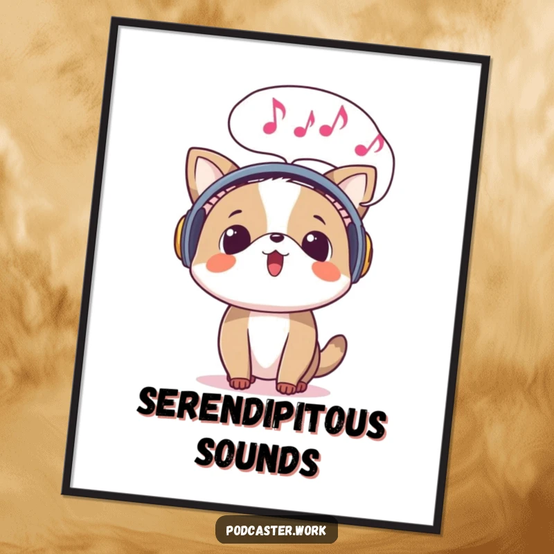 Funny digital art print of a surprised animal wearing headphones, with a speech bubble full of musical notes emerging, a celebration of pure sound.