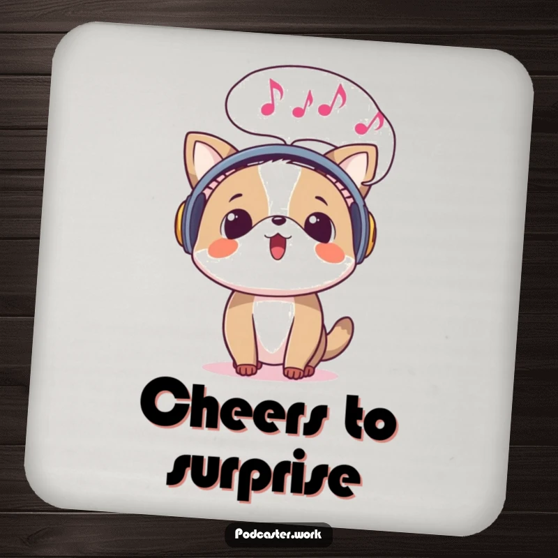 Funny coaster featuring a surprised animal wearing headphones, with a speech bubble full of musical notes emerging, a small piece of melodic art.