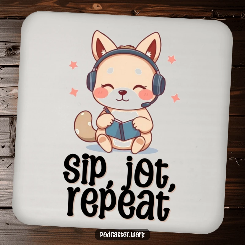 Funny coaster featuring a cute animal wearing a headset, furiously scribbling notes on a notepad while speaking, a tiny symbol of industry.