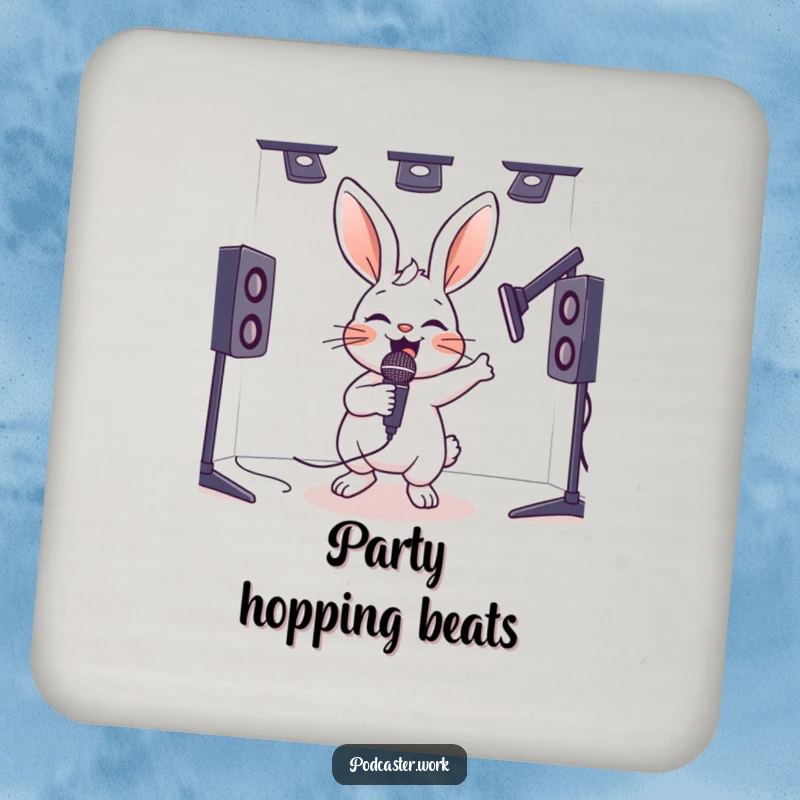 Funny drink coasters with a hyperactive rabbit energetically bouncing with a microphone in a studio, offering energetic table protection.