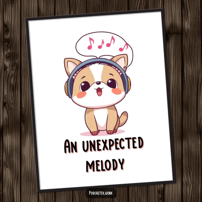 Funny poster of a surprised animal wearing headphones, with a speech bubble full of musical notes emerging, a celebration of auditory delight.