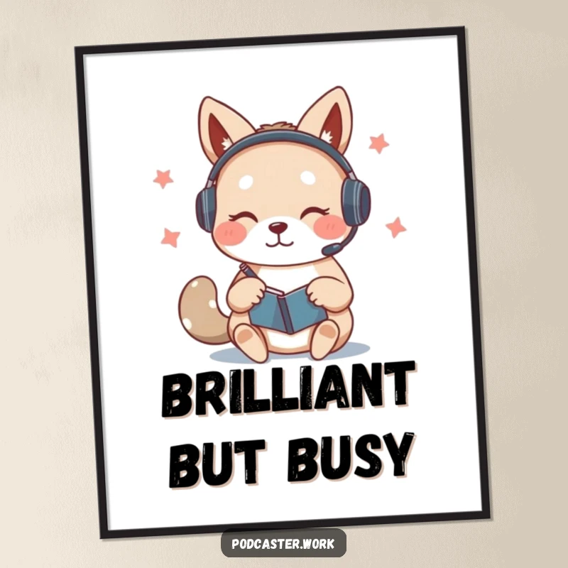 Funny poster of a cute animal wearing a headset, furiously scribbling notes on a notepad while speaking, a symbol of dedication and achievement.