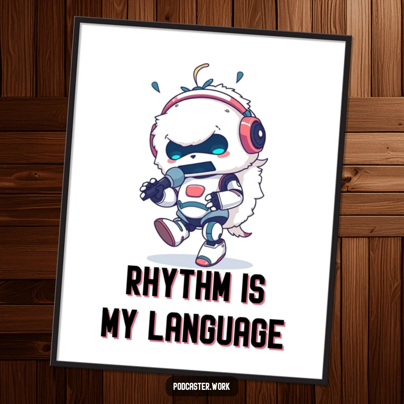 Funny poster of a fluffy robot animal DJ with headphones, energetically tapping its foot and speaking into a microphone, capturing the essence of a live performance.