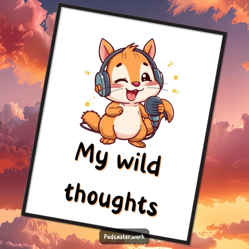 Funny Squirrel MC Poster: A lively squirrel wearing headphones, enthusiastically rapping into a microphone, capturing the energy of a music performance.