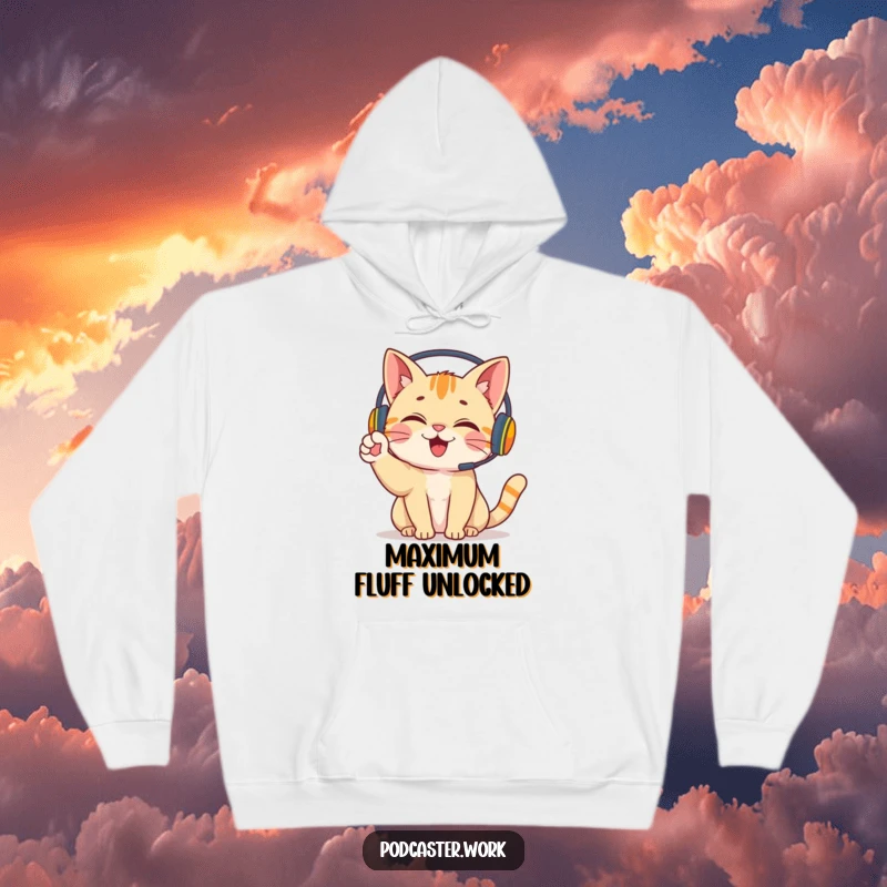 Funny Cat Headset Hoodie: A cute cat with a headset, gleefully waving a paw, radiating playful energy and comfort.