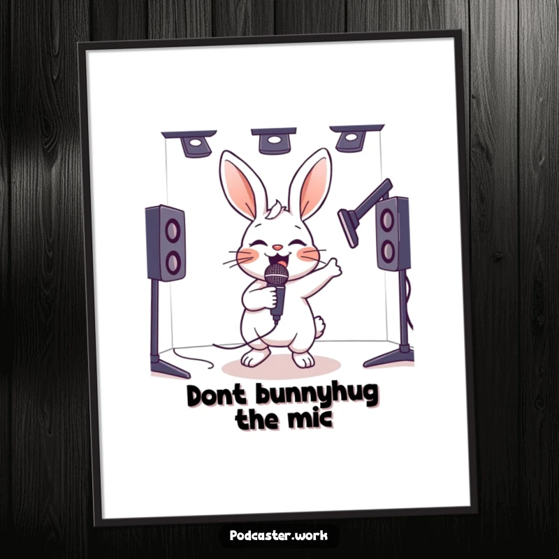 Free Printable Wall Art: Hyperactive rabbit with a microphone bouncing joyfully in a studio booth, a fun music theme.