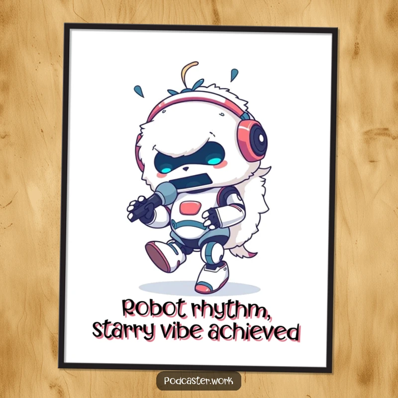 Funny Free Printable Wall Art: Fluffy robot animal wearing headphones, singing into a microphone with energetic foot tapping.