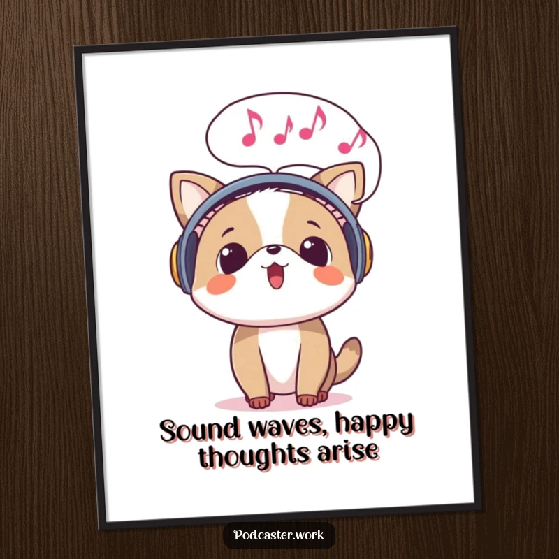 Funny Free Printable Wall Art: Surprised animal with headphones, speech bubble filled with musical notes, in mid-song.
