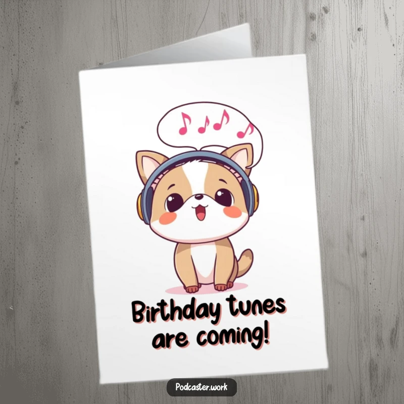 Funny Free Printable Birthday Card: Surprised animal with headphones, speech bubble full of musical notes, in song.