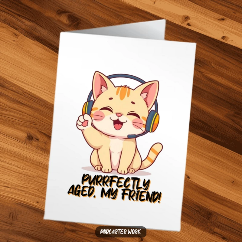 Funny Free Printable Birthday Card: Giggling cat wearing headphones, enthusiastically waving a paw, ready to celebrate with joy.