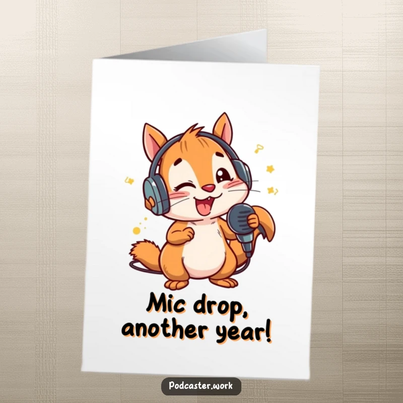 Funny Free Printable Birthday Card: Energetic squirrel in headphones hyping up a party with a microphone, ready to celebrate.