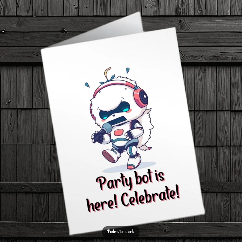 Funny Free Printable Birthday Card: Fluffy robot animal with headphones, tapping foot, singing into a microphone, ready to party.