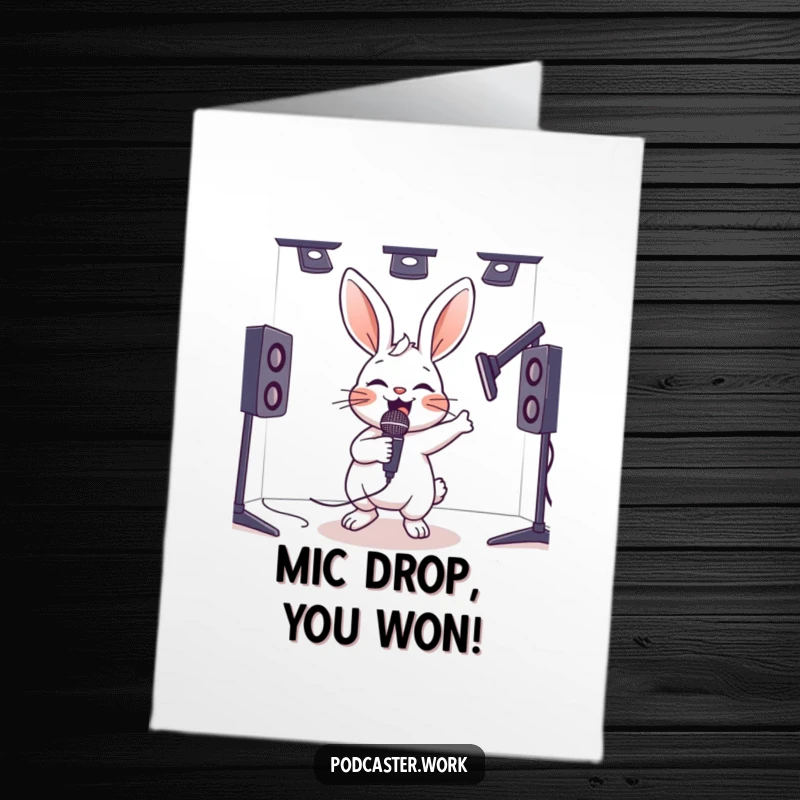 Free Printable Congratulations Card: Hyperactive rabbit with a microphone bouncing joyfully in a studio booth, cheering success.