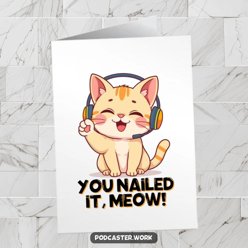 Funny Free Printable Congratulations Card: Giggling cat in headset energetically waving a paw, celebrating a great achievement with amusement.