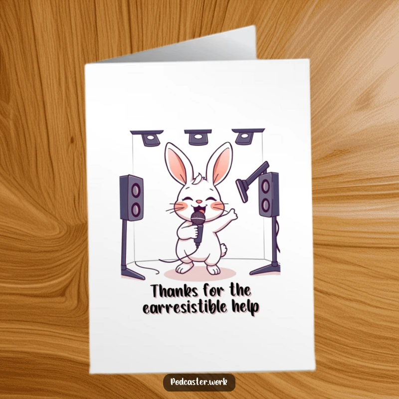 Free Printable Thank You Card: Lively rabbit with a microphone bouncing joyfully in a studio booth, expressing thanks.