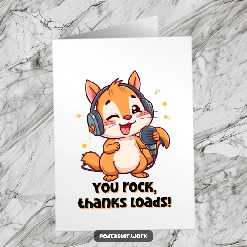 Funny Free Printable Thank You Card: Energetic squirrel DJ in headphones, microphone in hand, enthusiastically thanking someone.
