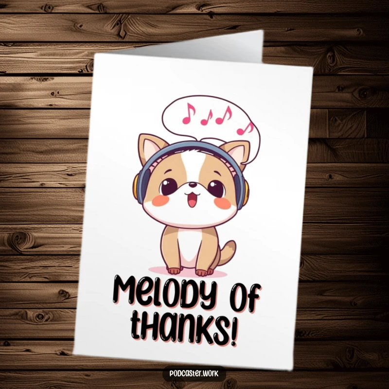 Funny Free Printable Thank You Card: Surprised animal with headphones, musical notes in speech bubble, singing thanks.
