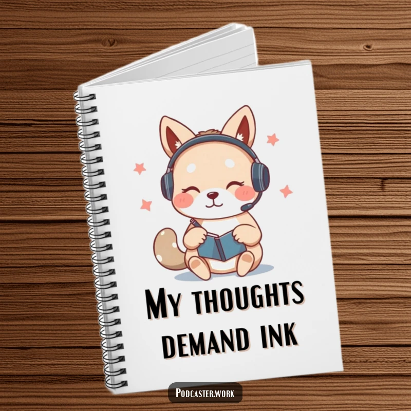 Funny notebook with a cute animal wearing a headset, furiously scribbling notes on a notepad while speaking, perfect for important memos.