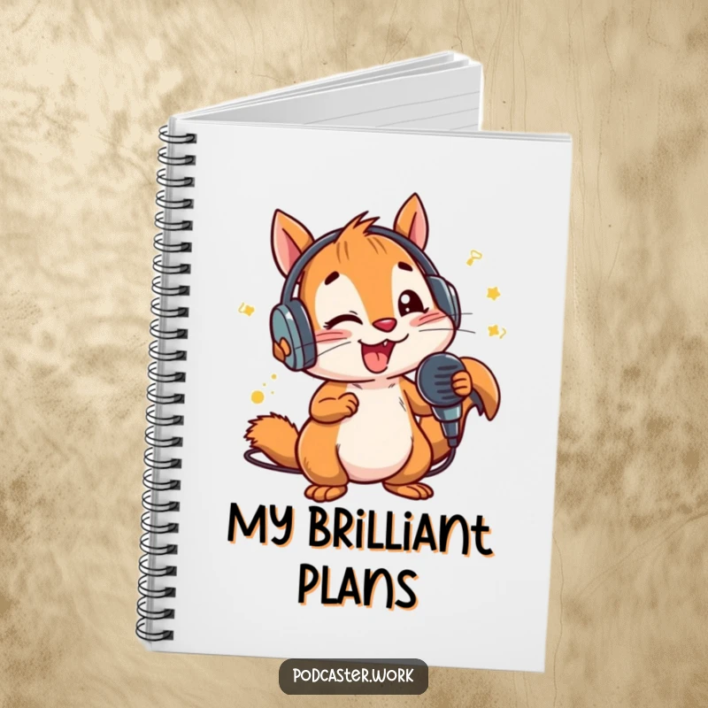 Funny Squirrel Rap Notebook: An energetic squirrel wearing headphones, enthusiastically speaking into a microphone, perfect for notes and lyrics.