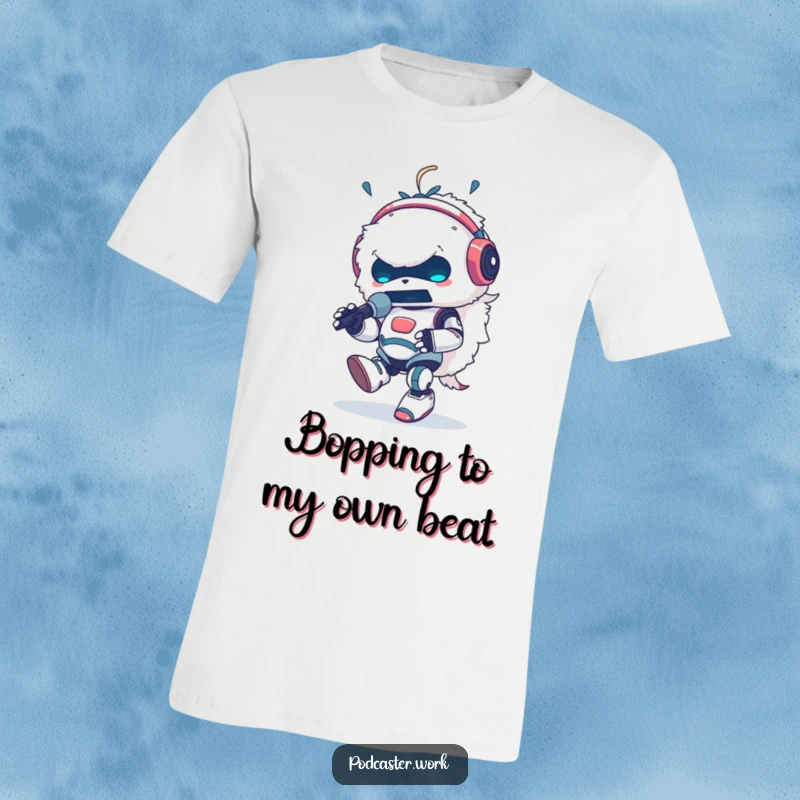 Funny t-shirt featuring a fluffy robot animal DJ wearing headphones, energetically tapping its foot and speaking into a microphone, a true music enthusiast.