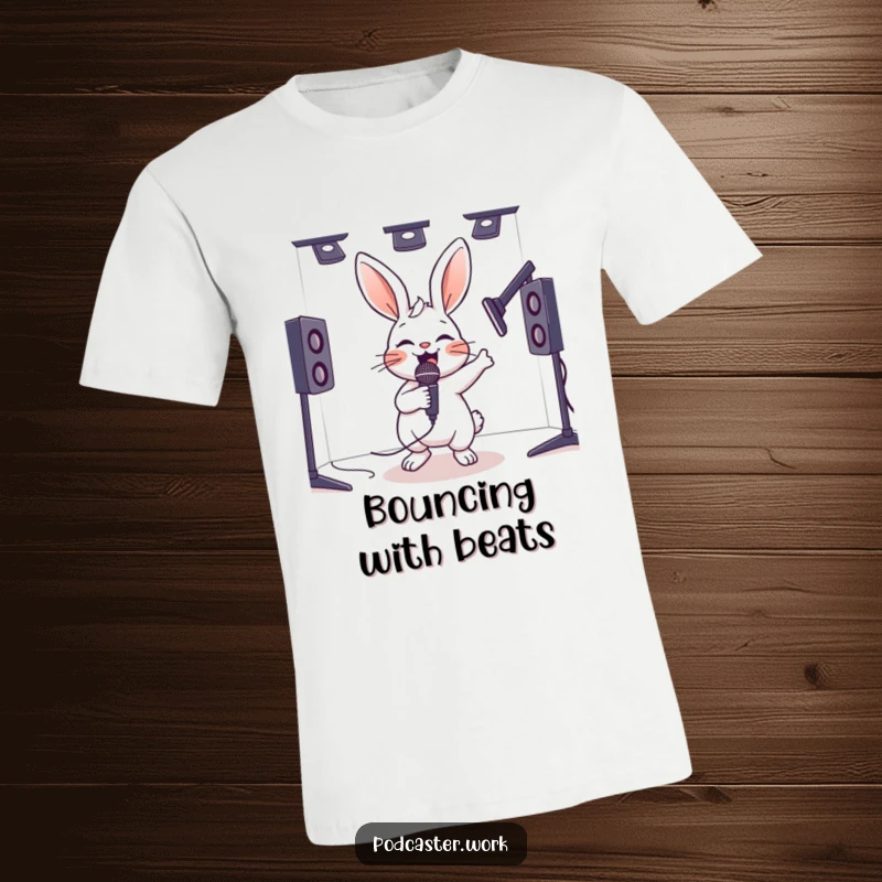 Funny t-shirt with a hyperactive rabbit joyfully bouncing with a microphone in a studio, capturing energetic humor.