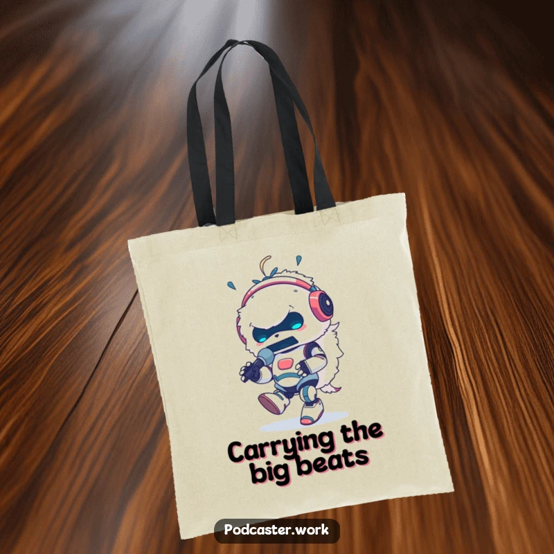 Funny tote bag showing a fluffy robot animal DJ with headphones, energetically tapping its foot and rapping into a microphone, ready to party.